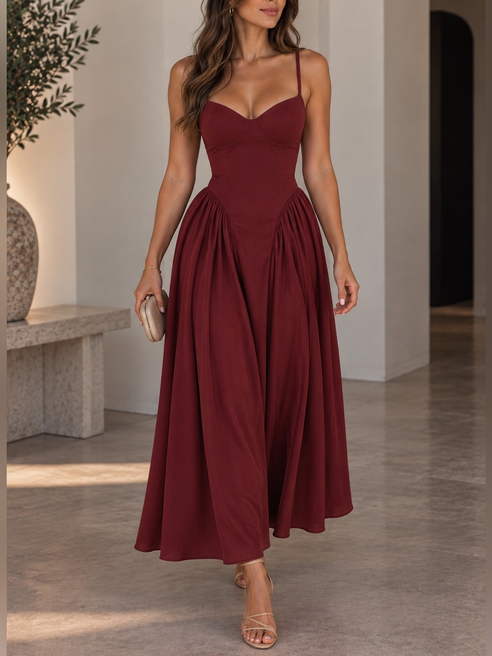 Elegant Burgundy Spaghetti-Strap Dress
